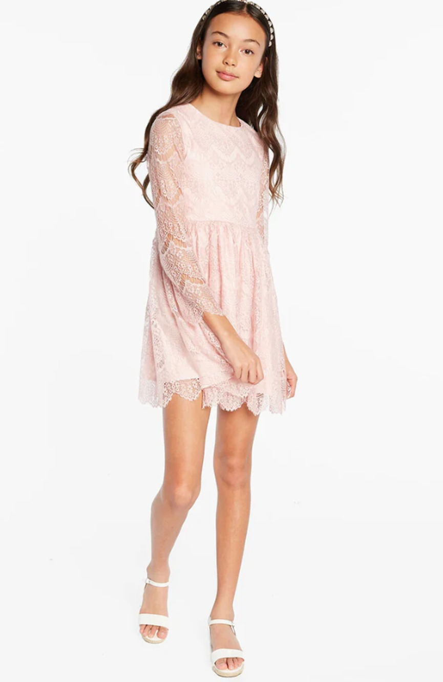 BARDOT JUNIOR Girl Gertrude Lace Dress Size 14 Pink Potpourri Long Sleeve NWT